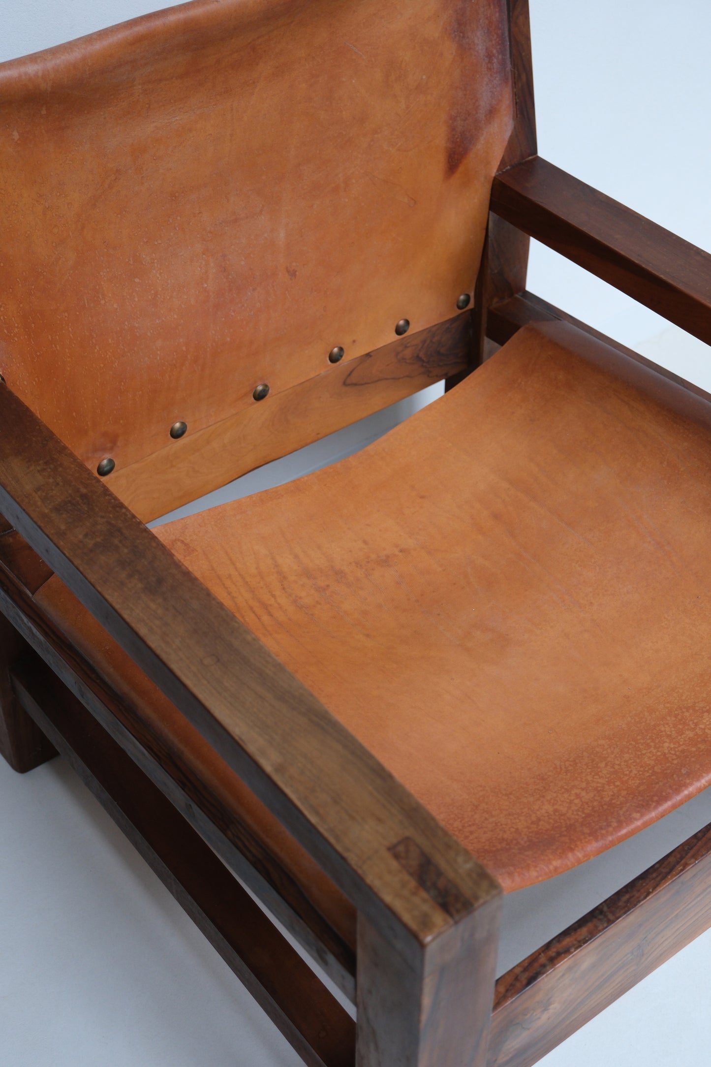 Set of armchairs in cognac leather and olive wood, France, 1970s
