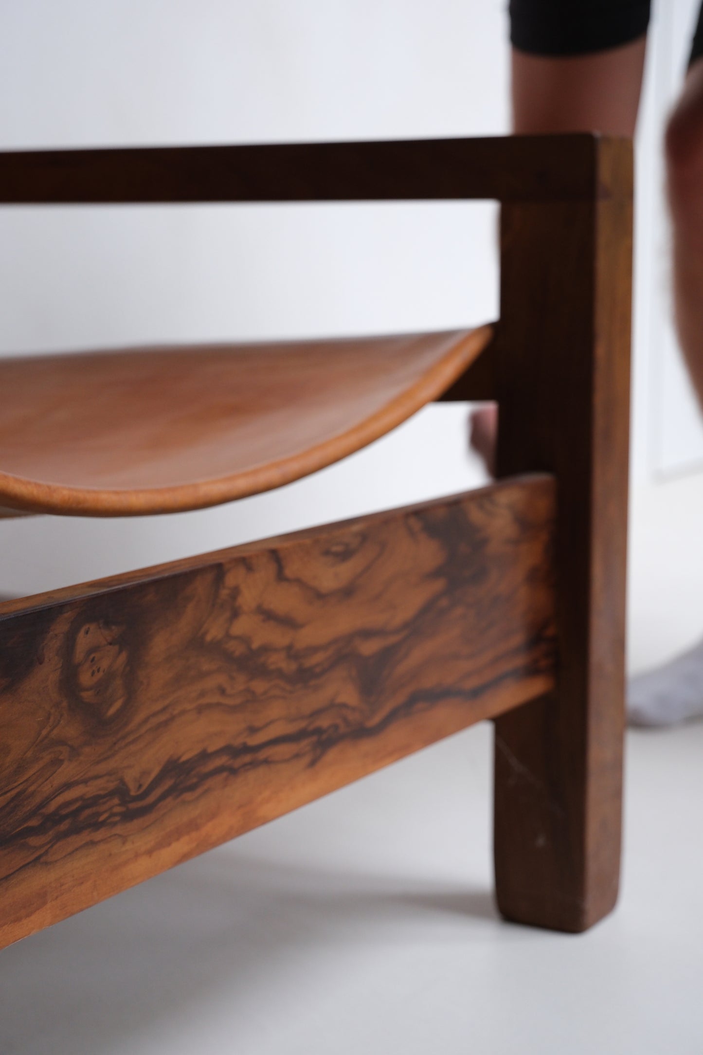 Set of armchairs in cognac leather and olive wood, France, 1970s