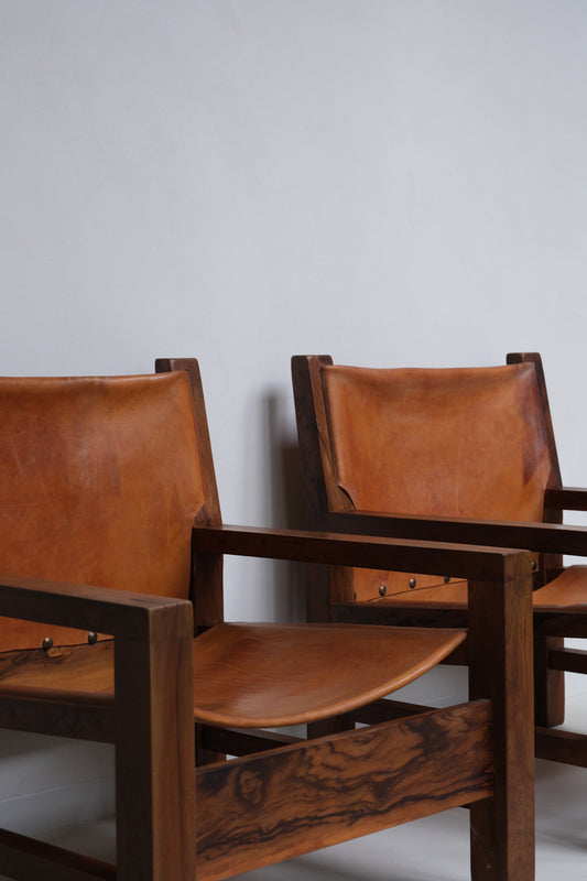 Set of armchairs in cognac leather and olive wood, France, 1970s