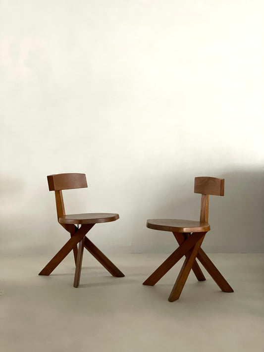 Pair of S34 chairs in solid elm by Pierre Chapo , 1970s